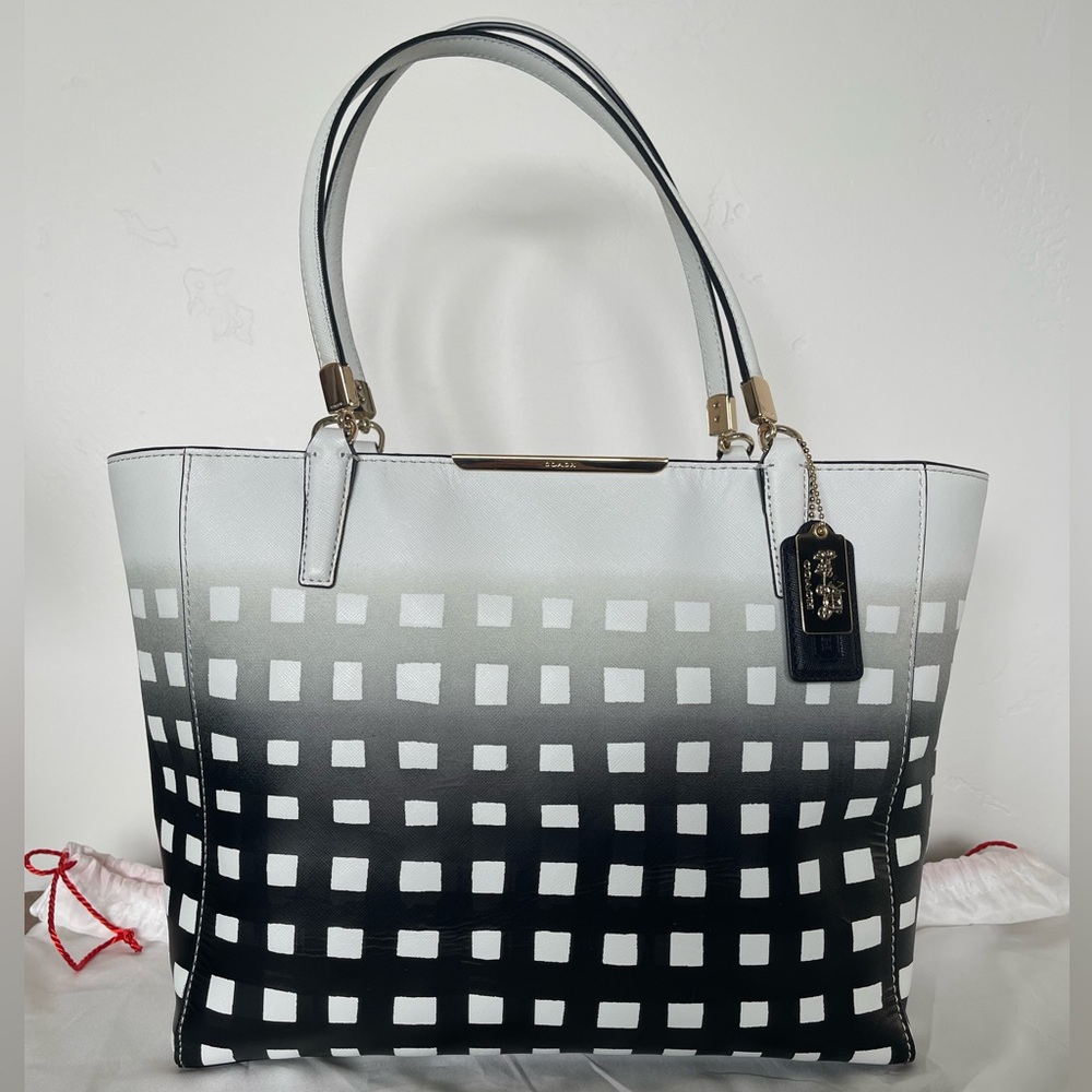 Coach Madison East West Tote Gingham Black & White Print Saffiano Leather